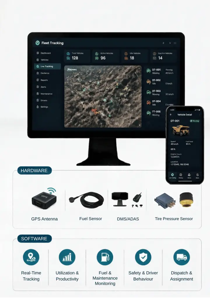 Dashboard fleet tracking dan detail kendaraan di mobile, dengan perangkat antena GPS, sensor BBM, DMS/ADAS dan sensor tekanan ban.